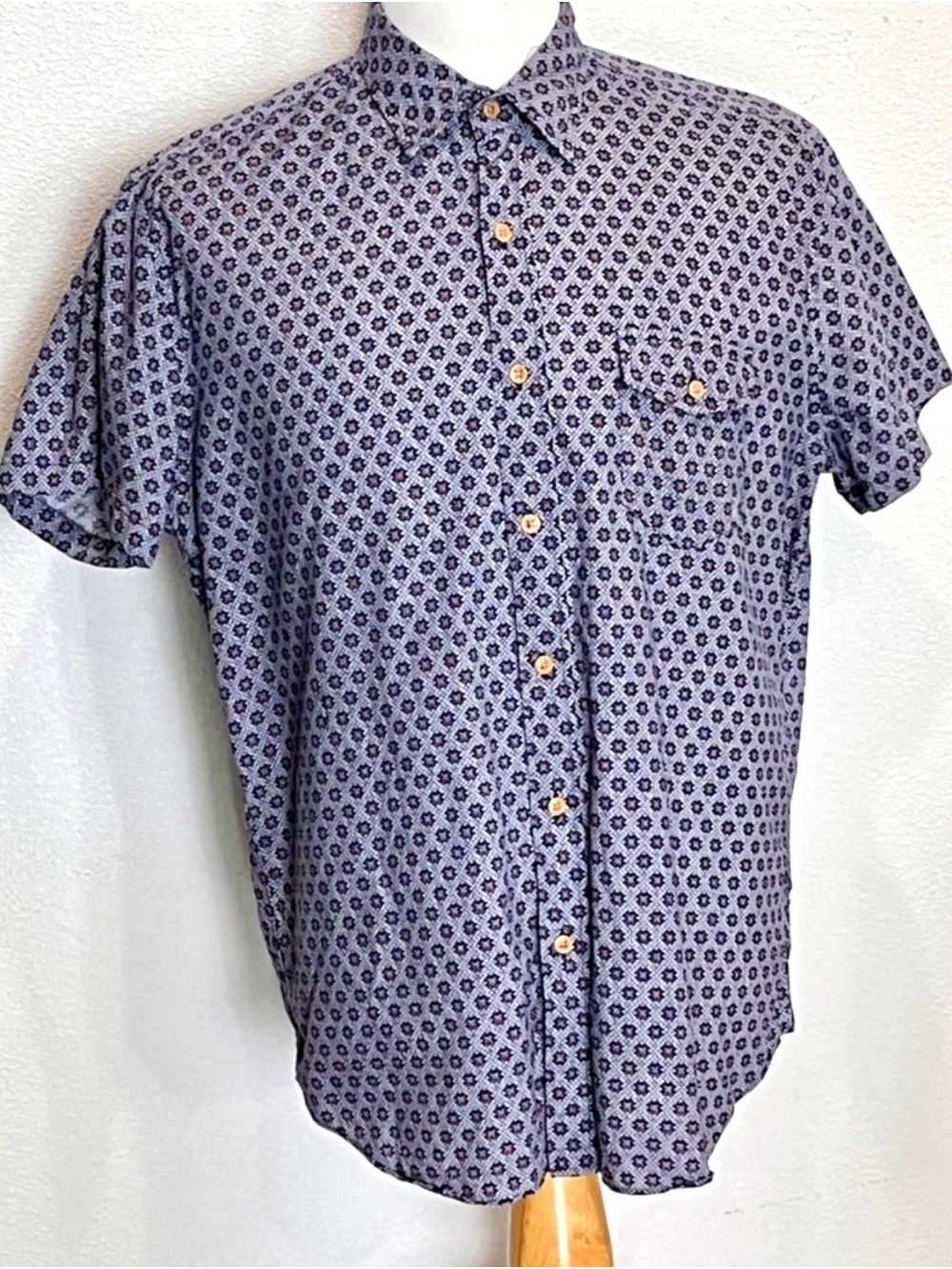 Men's Blue Geometric Tile Short Sleeve Cotton Button Down Shirt L